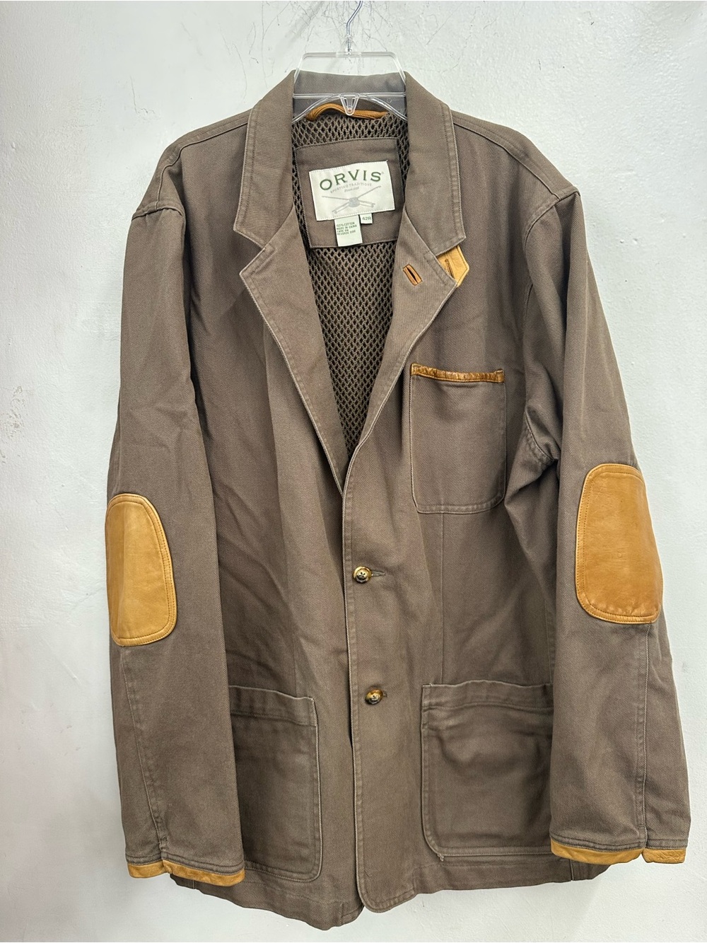 Orvis Zambezi Safari khaki canvas field jacket size 42r mens leather trim
